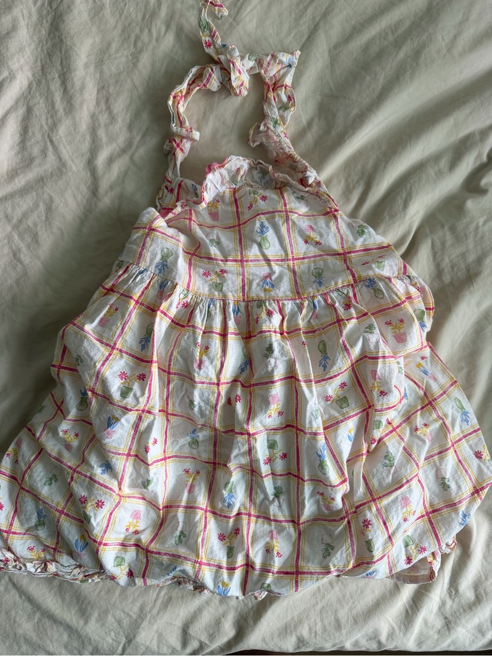 cupcakes & cashmere Girls White Floral Plaid Sundress with Pink Trim